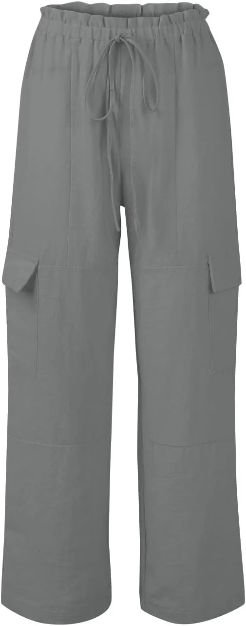 Women Linen Pants Summer Drawstring High Wasited Baggy Cargo Pants Wide Leg Lounge Pant Lightweight Hiking Pant