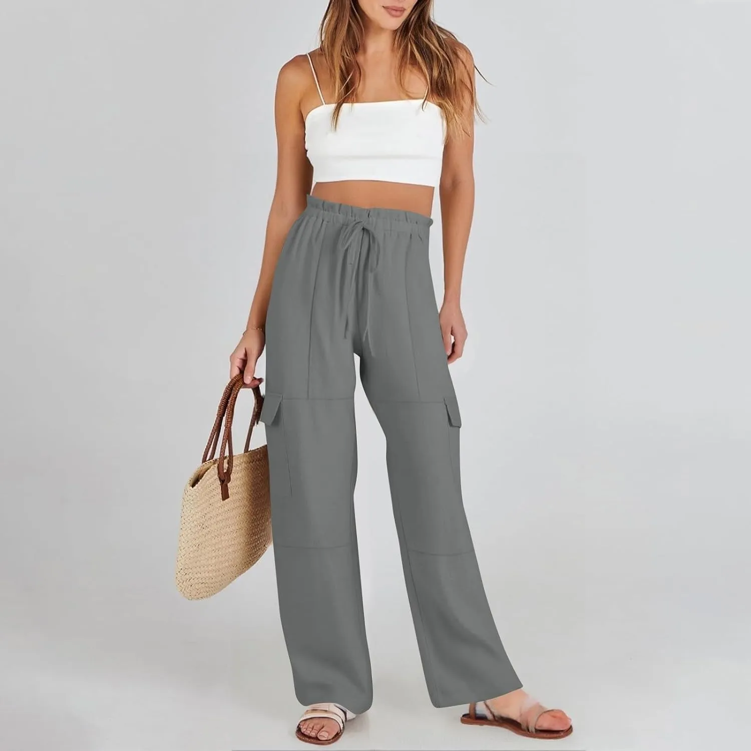 Women Linen Pants Summer Drawstring High Wasited Baggy Cargo Pants Wide Leg Lounge Pant Lightweight Hiking Pant