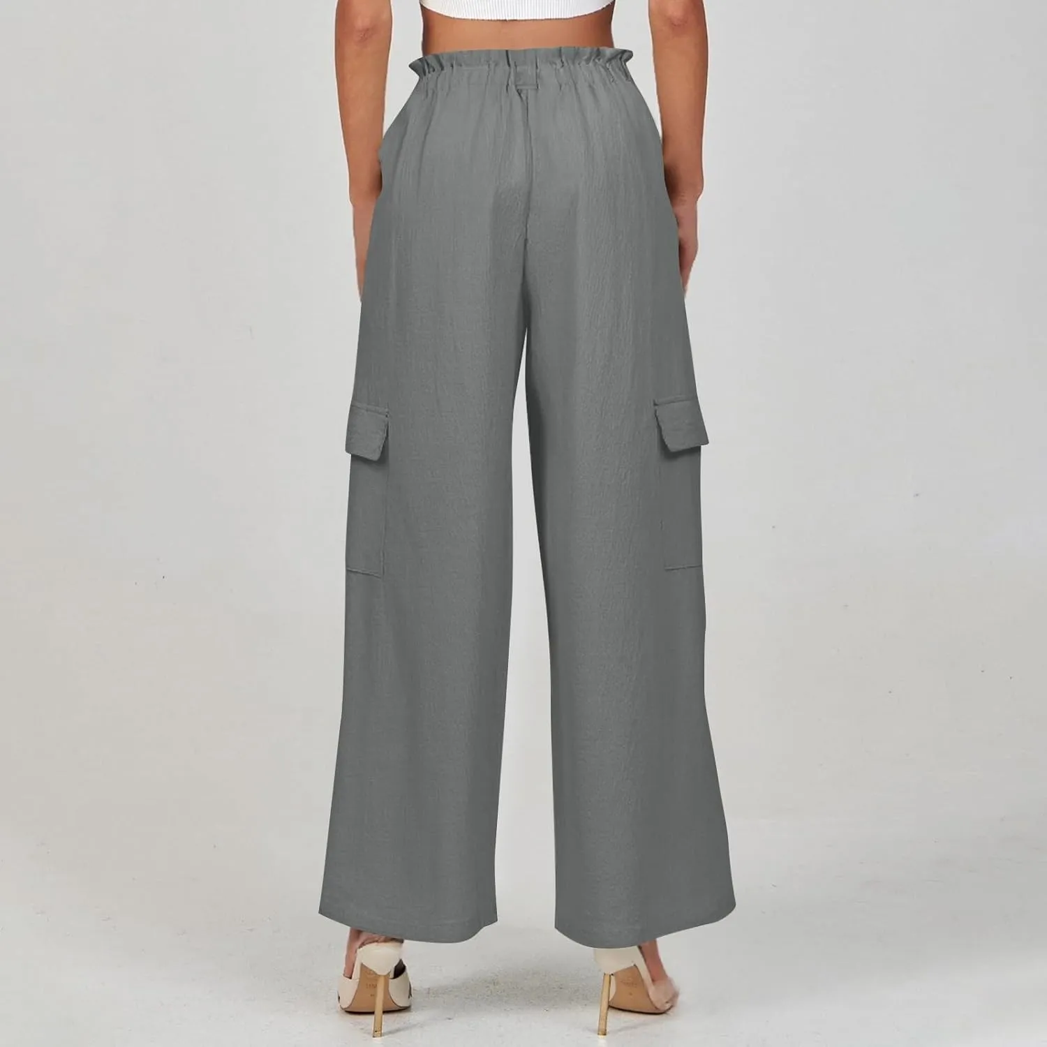 Women Linen Pants Summer Drawstring High Wasited Baggy Cargo Pants Wide Leg Lounge Pant Lightweight Hiking Pant