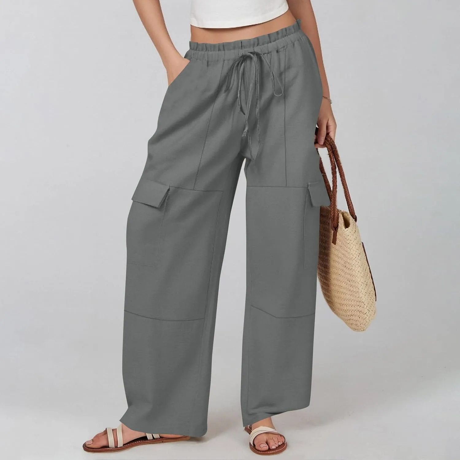 Women Linen Pants Summer Drawstring High Wasited Baggy Cargo Pants Wide Leg Lounge Pant Lightweight Hiking Pant