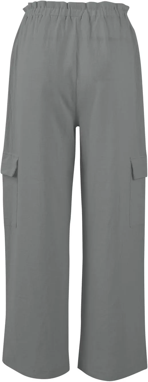 Women Linen Pants Summer Drawstring High Wasited Baggy Cargo Pants Wide Leg Lounge Pant Lightweight Hiking Pant