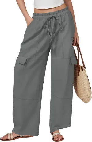 Women Linen Pants Summer Drawstring High Wasited Baggy Cargo Pants Wide Leg Lounge Pant Lightweight Hiking Pant