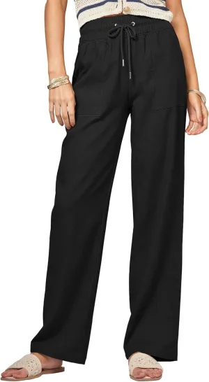Women Linen Pants Wide Leg Palazzo Pants Cotton Linen Drawstring Summer Pants with Pockets 29"/31"/ 33"