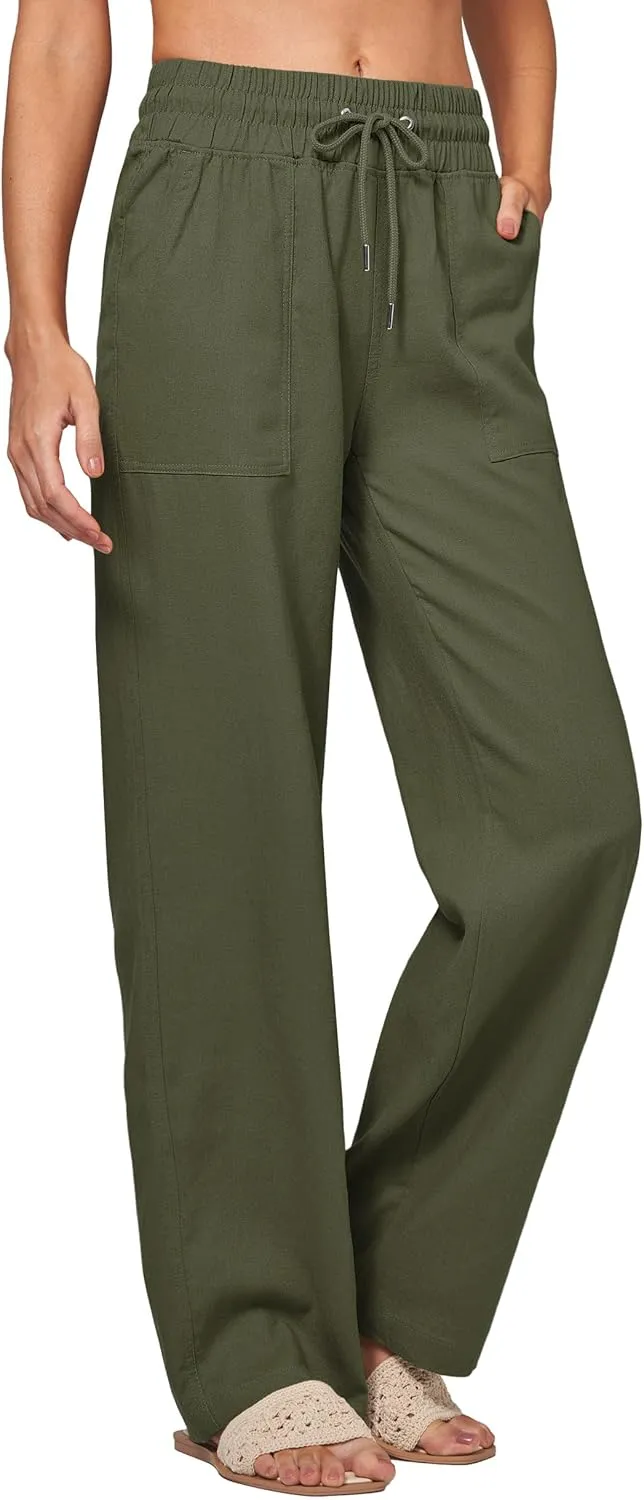 Women Linen Pants Wide Leg Palazzo Pants Cotton Linen Drawstring Summer Pants with Pockets 29"/31"/ 33"