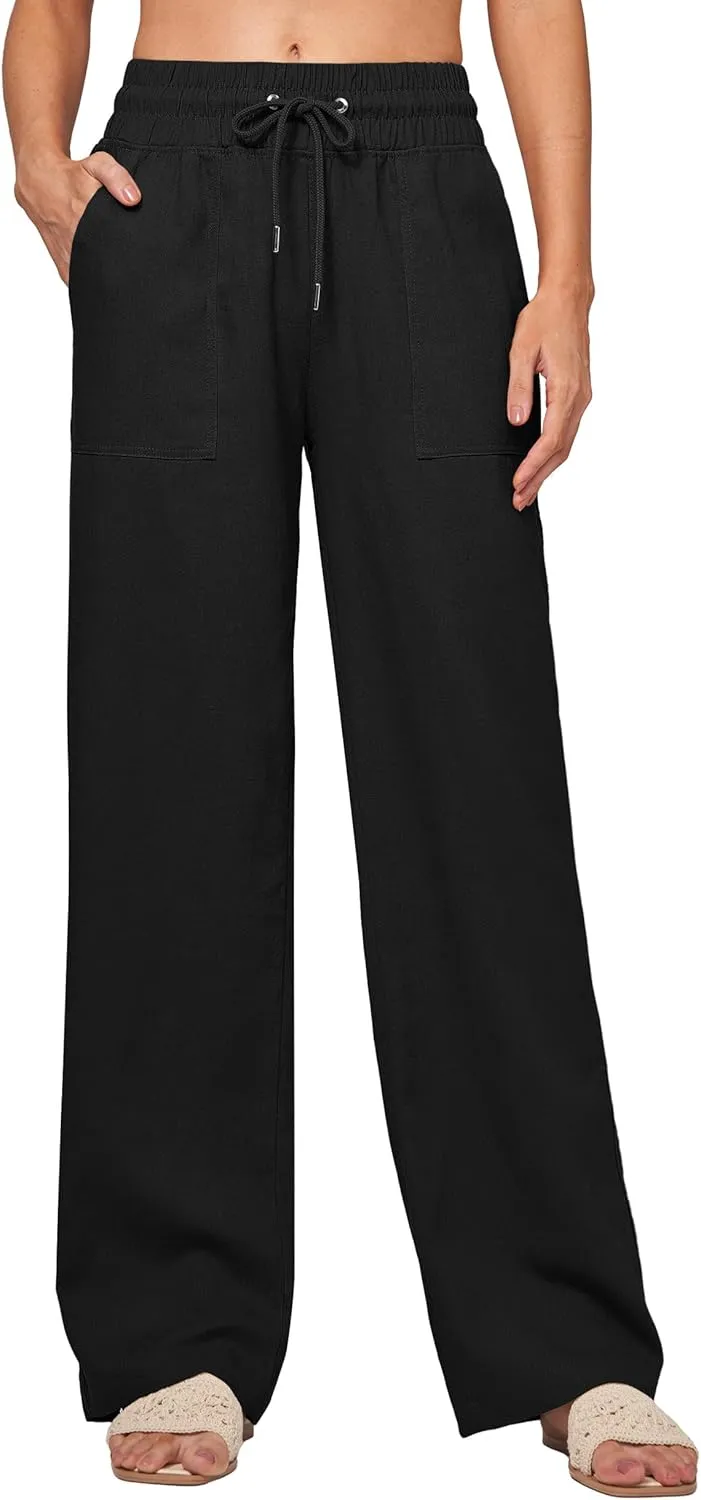 Women Linen Pants Wide Leg Palazzo Pants Cotton Linen Drawstring Summer Pants with Pockets 29"/31"/ 33"