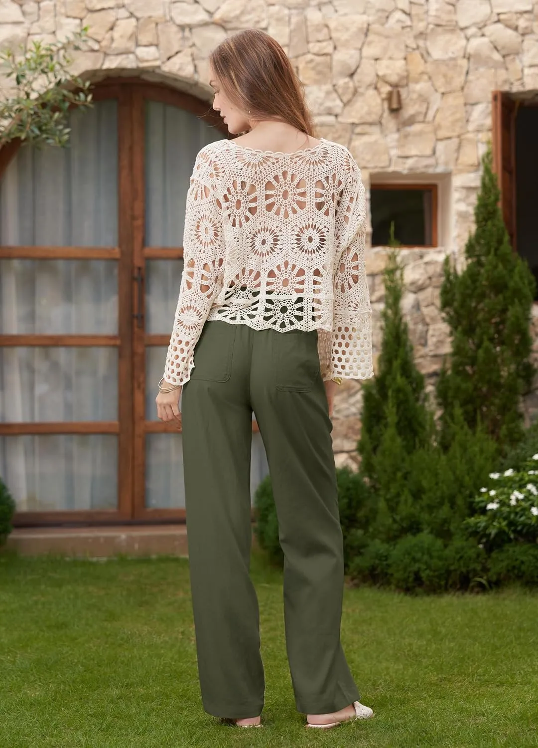 Women Linen Pants Wide Leg Palazzo Pants Cotton Linen Drawstring Summer Pants with Pockets 29"/31"/ 33"