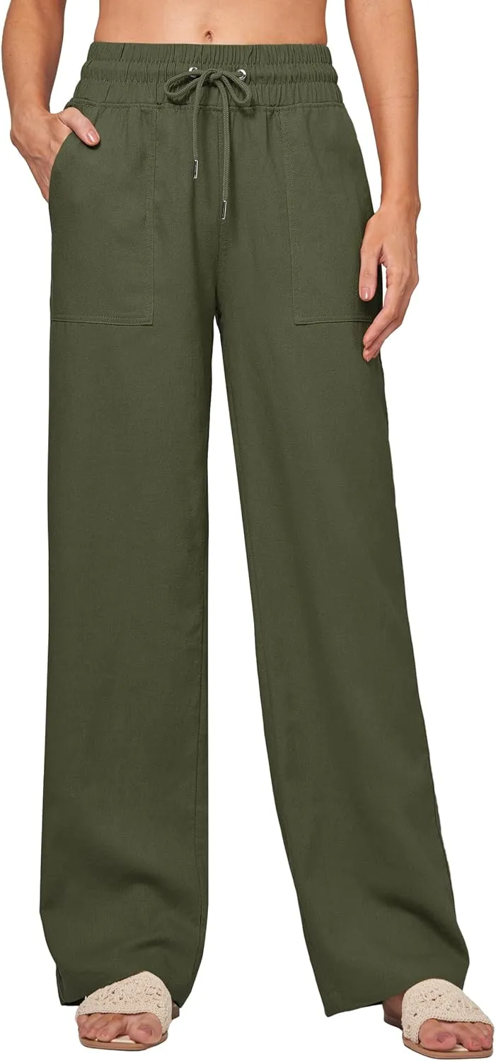 Women Linen Pants Wide Leg Palazzo Pants Cotton Linen Drawstring Summer Pants with Pockets 29"/31"/ 33"