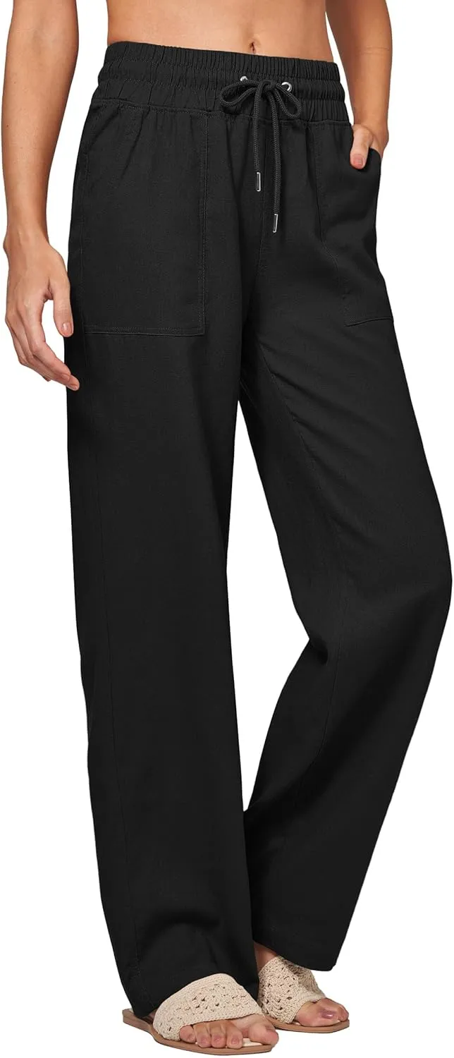 Women Linen Pants Wide Leg Palazzo Pants Cotton Linen Drawstring Summer Pants with Pockets 29"/31"/ 33"