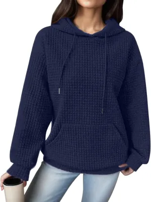 Women Oversized Hoodies Casual Basic Waffle Long Sleeve Pullover Top Solid Hooded Sweatshirt with Pocket