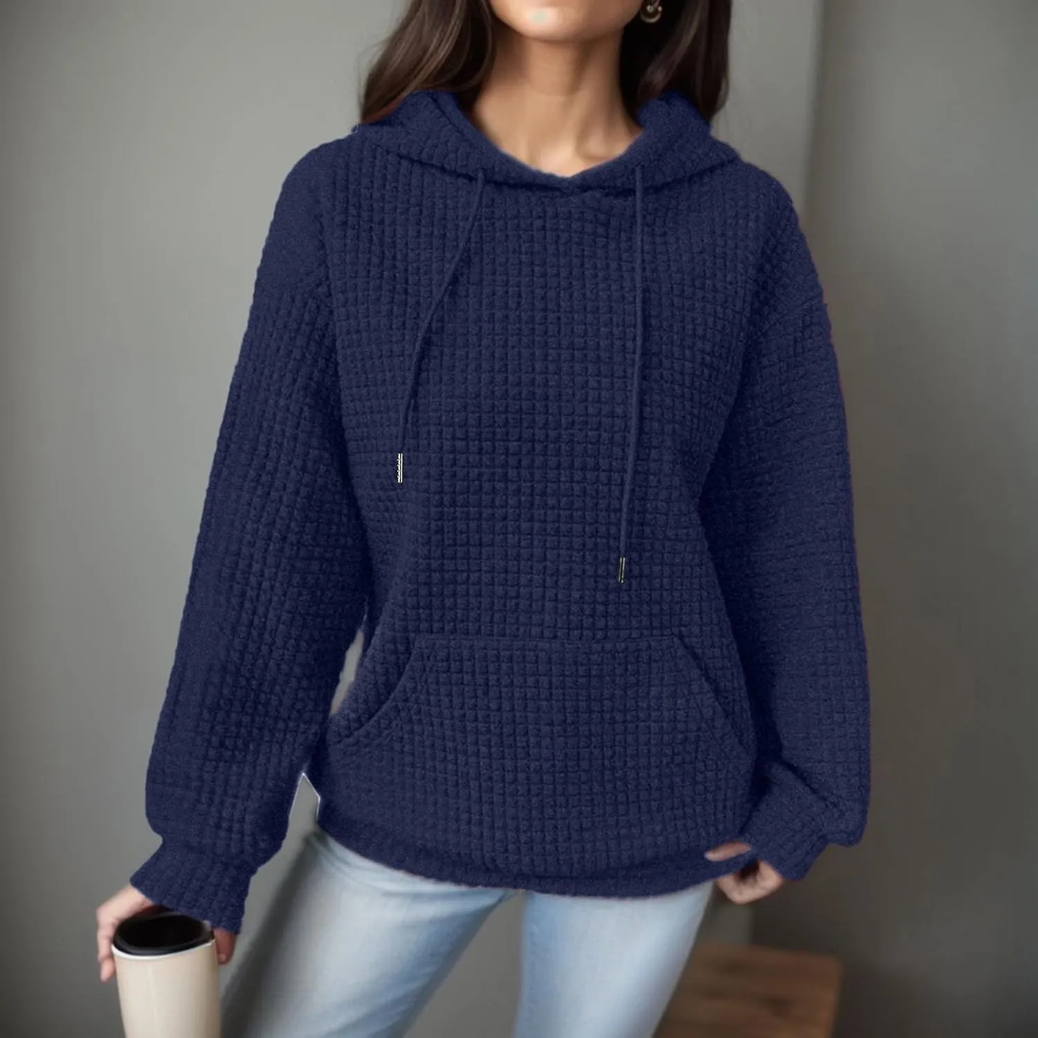 Women Oversized Hoodies Casual Basic Waffle Long Sleeve Pullover Top Solid Hooded Sweatshirt with Pocket