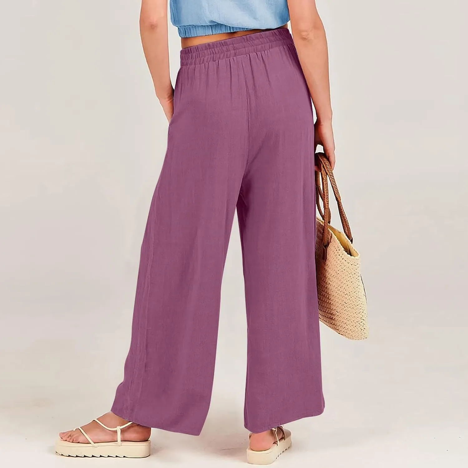 Women Palazzo Pants Summer Boho Casual Comfy Linen Wide Leg High Waisted Pants Lounge Palazzo Flowy Beach Trousers