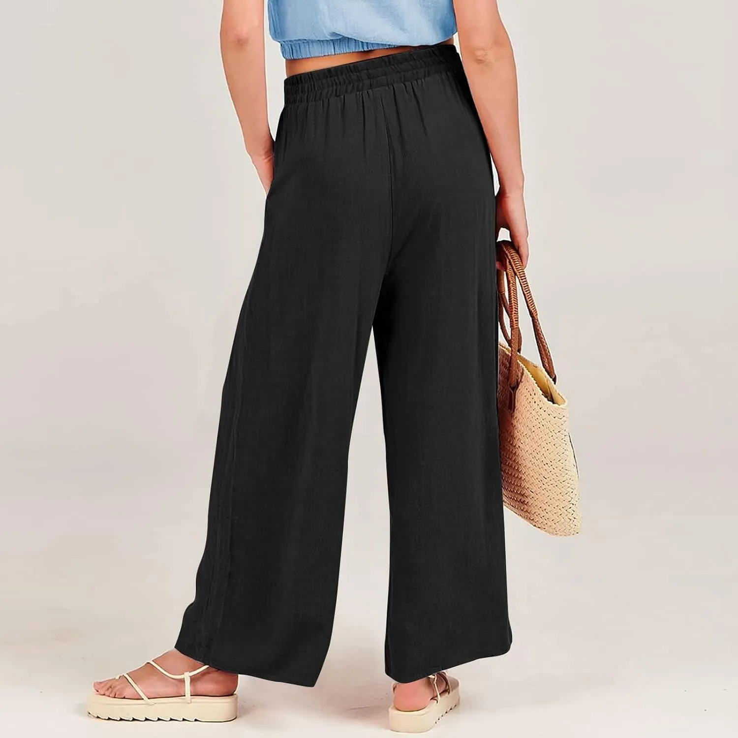 Women Palazzo Pants Summer Boho Casual Comfy Linen Wide Leg High Waisted Pants Lounge Palazzo Flowy Beach Trousers