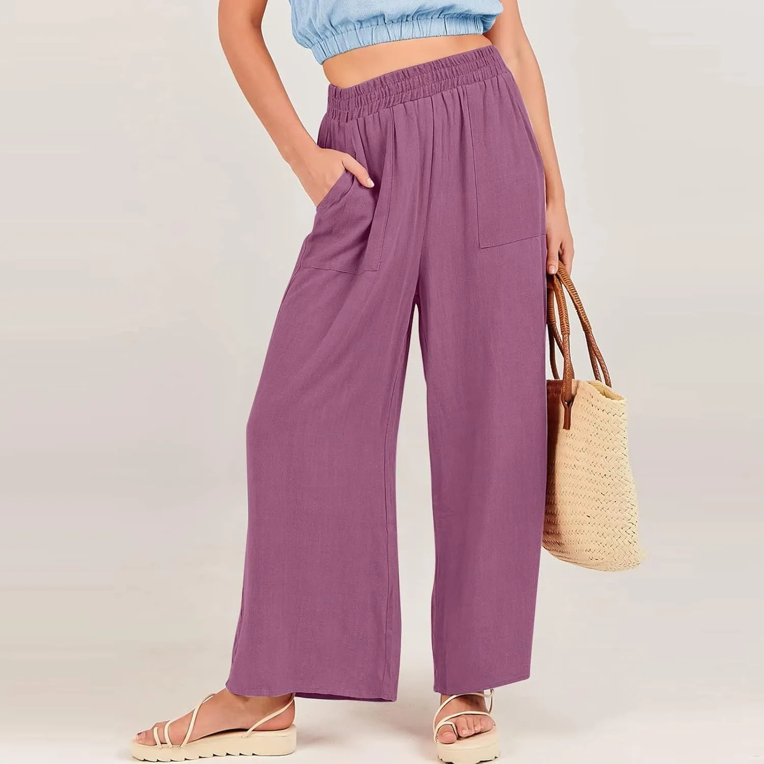 Women Palazzo Pants Summer Boho Casual Comfy Linen Wide Leg High Waisted Pants Lounge Palazzo Flowy Beach Trousers