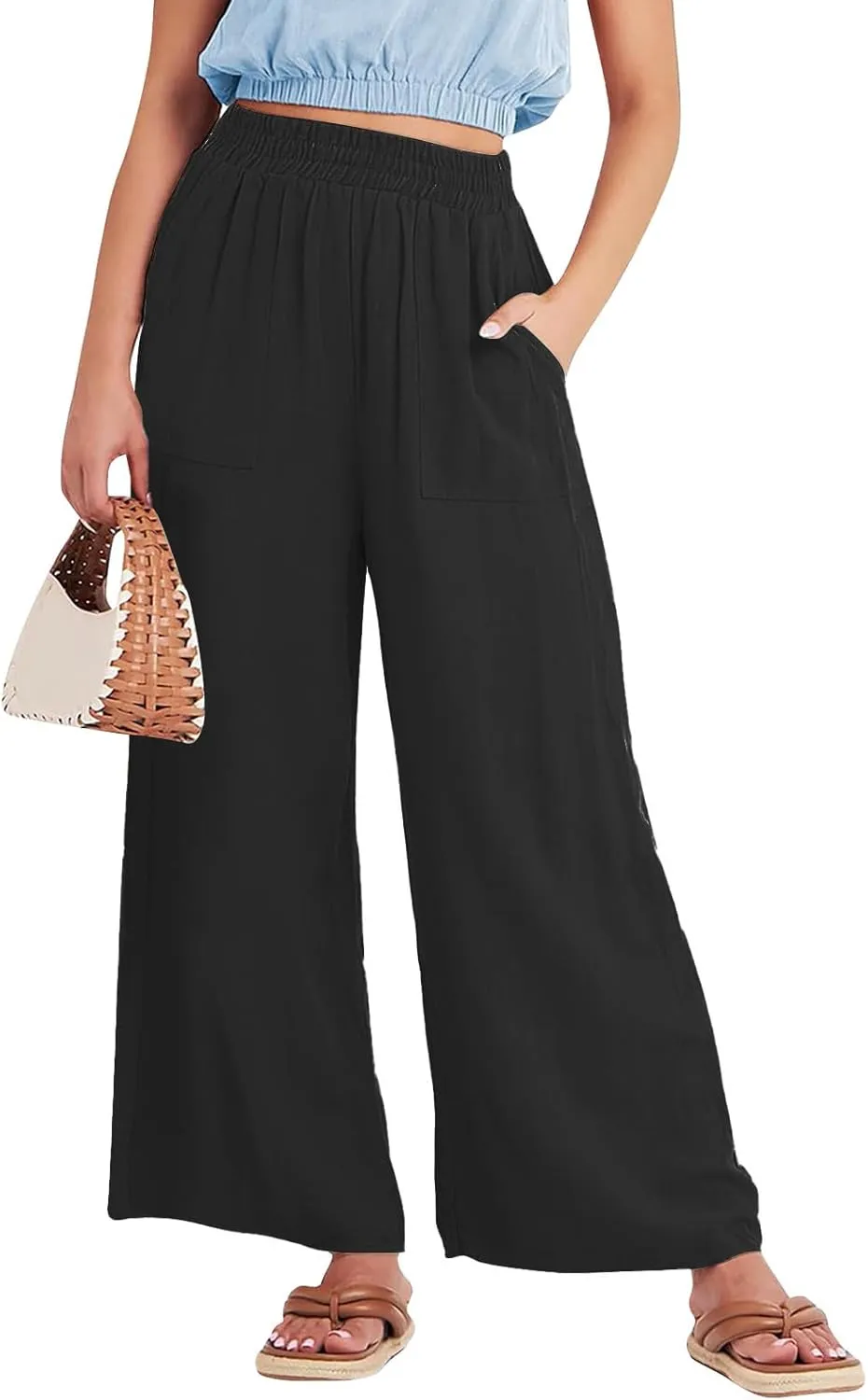 Women Palazzo Pants Summer Boho Casual Comfy Linen Wide Leg High Waisted Pants Lounge Palazzo Flowy Beach Trousers
