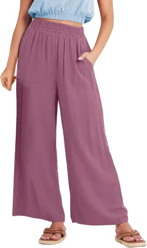 Women Palazzo Pants Summer Boho Casual Comfy Linen Wide Leg High Waisted Pants Lounge Palazzo Flowy Beach Trousers