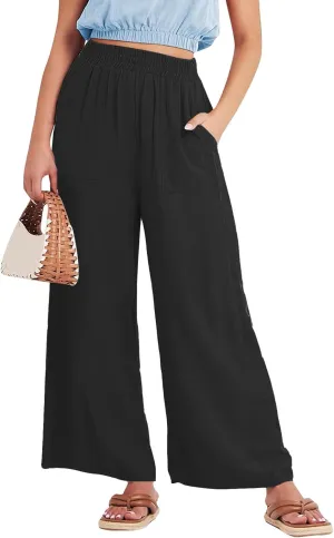 Women Palazzo Pants Summer Boho Casual Comfy Linen Wide Leg High Waisted Pants Lounge Palazzo Flowy Beach Trousers