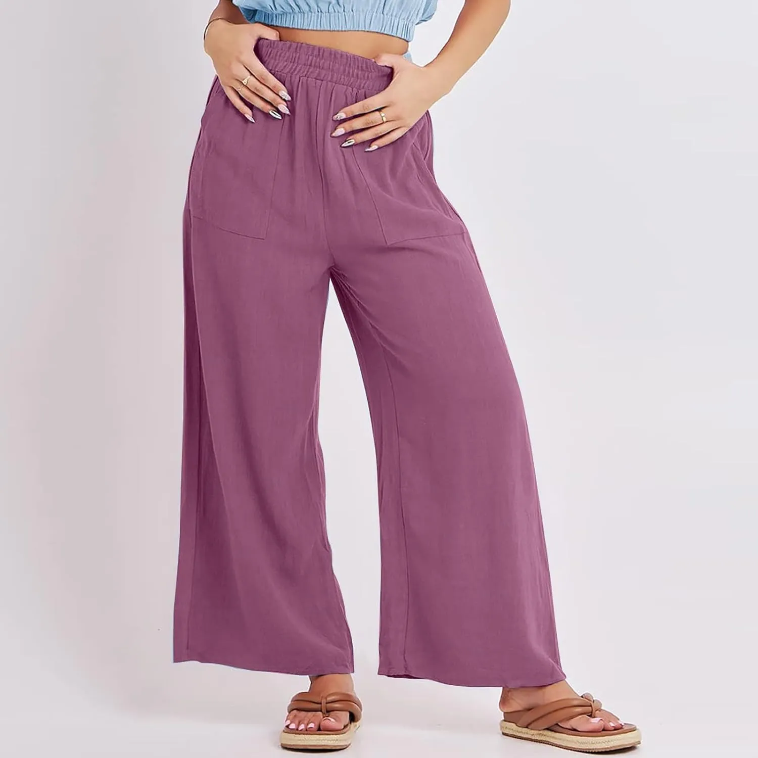 Women Palazzo Pants Summer Boho Casual Comfy Linen Wide Leg High Waisted Pants Lounge Palazzo Flowy Beach Trousers