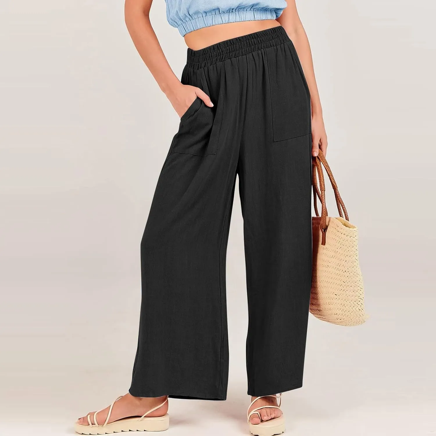 Women Palazzo Pants Summer Boho Casual Comfy Linen Wide Leg High Waisted Pants Lounge Palazzo Flowy Beach Trousers