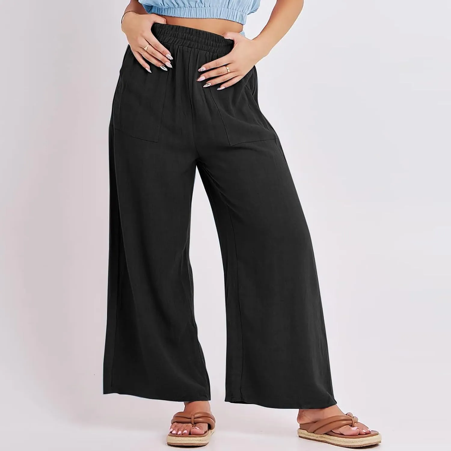 Women Palazzo Pants Summer Boho Casual Comfy Linen Wide Leg High Waisted Pants Lounge Palazzo Flowy Beach Trousers