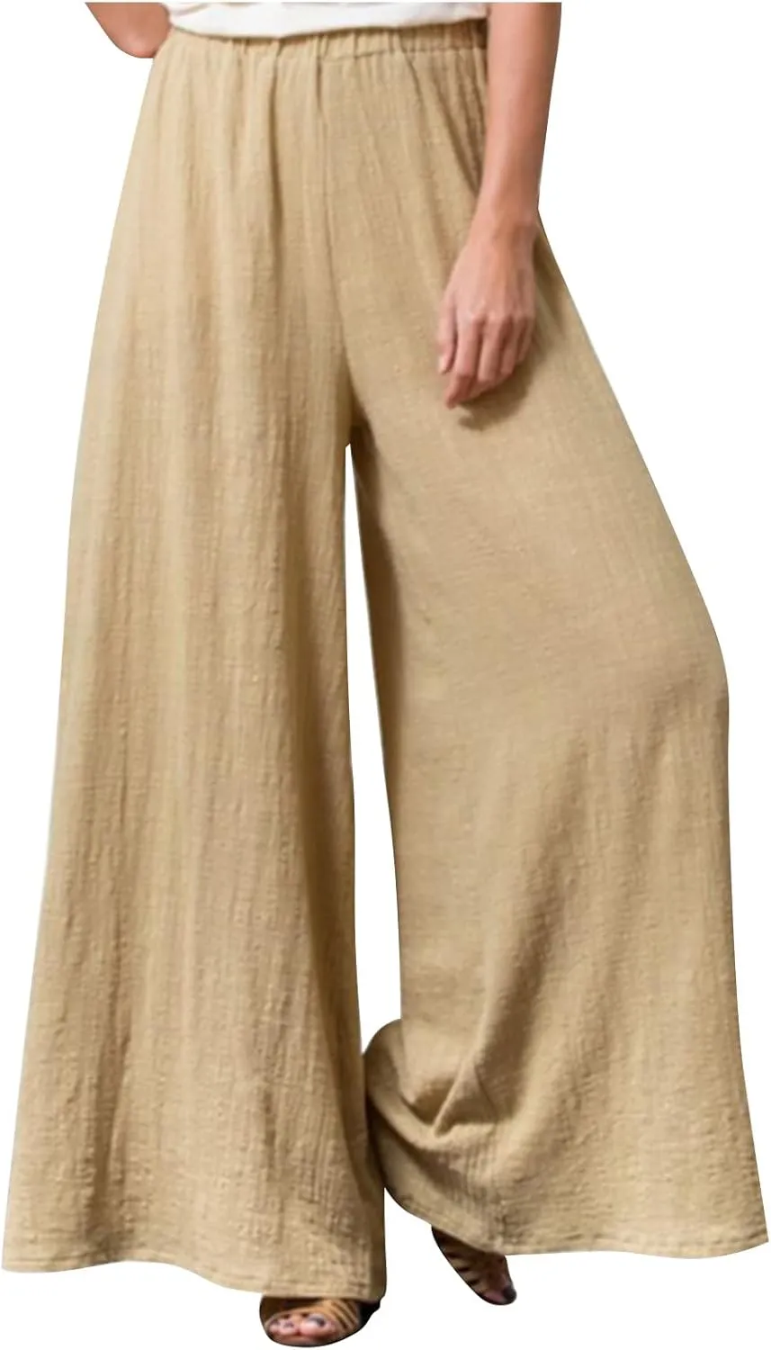 Women Palazzo Pants Summer Boho Wide Leg High Waist Casual Lounge Yoga Pants with Pockets Trousers