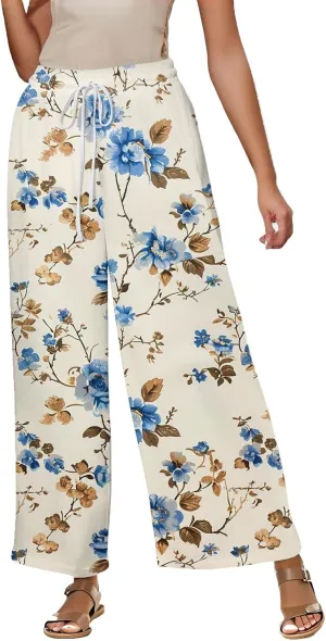 Women Palazzo Pants Summer Floral Print Soft Comfy Flowy High Waist Wide Leg Pants Casual Loose Beach Lounge Trouser