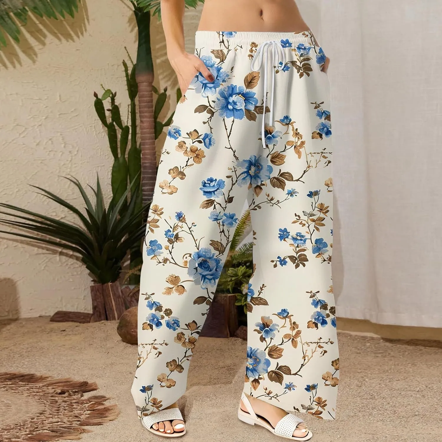 Women Palazzo Pants Summer Floral Print Soft Comfy Flowy High Waist Wide Leg Pants Casual Loose Beach Lounge Trouser