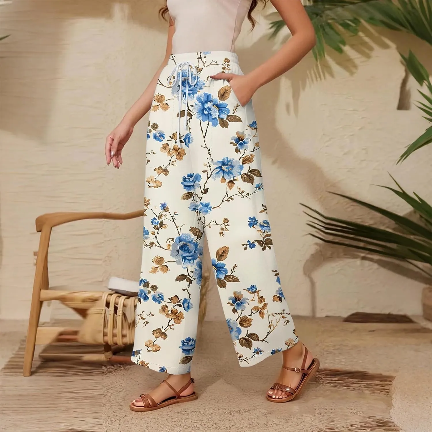 Women Palazzo Pants Summer Floral Print Soft Comfy Flowy High Waist Wide Leg Pants Casual Loose Beach Lounge Trouser