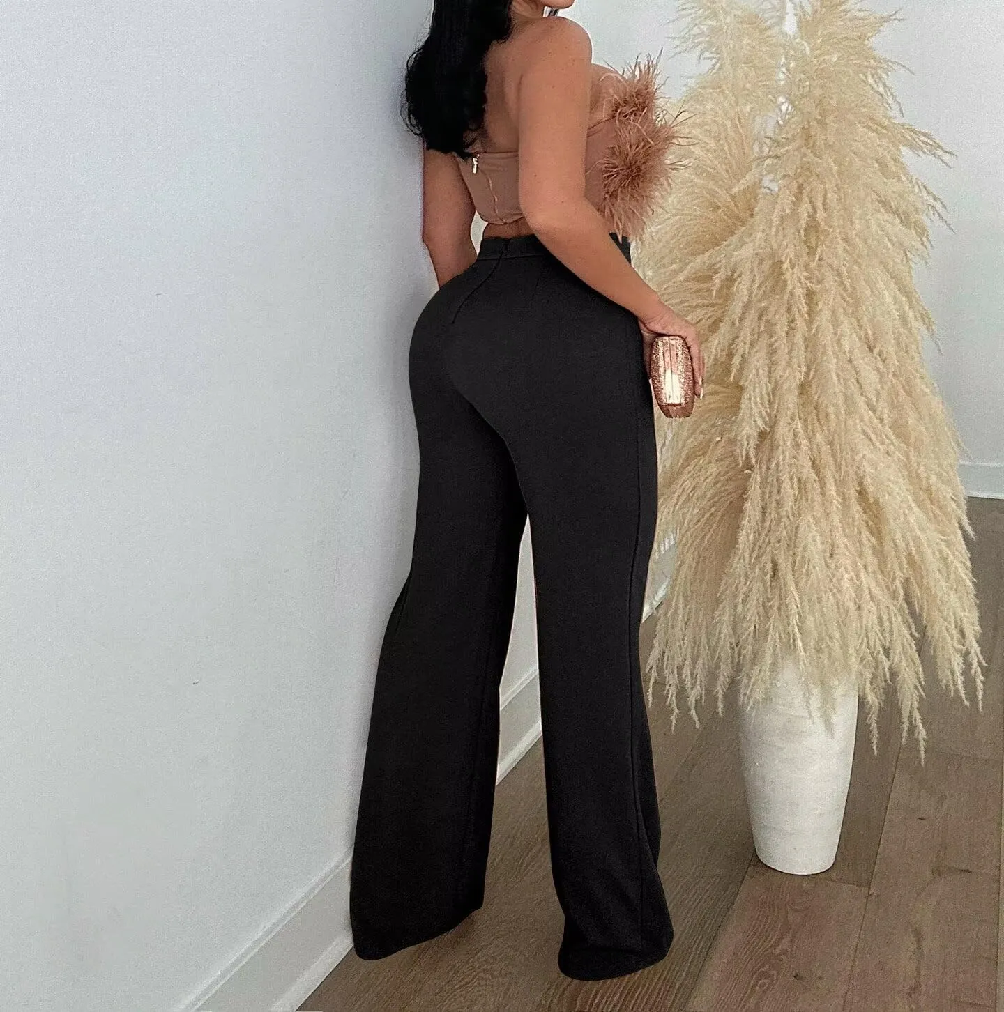 Women Stretchy Straight Leg Dress Pants Comfy Solid Classic High Waisted Wide Leg Long Bootcut Pant Slacks Work Office