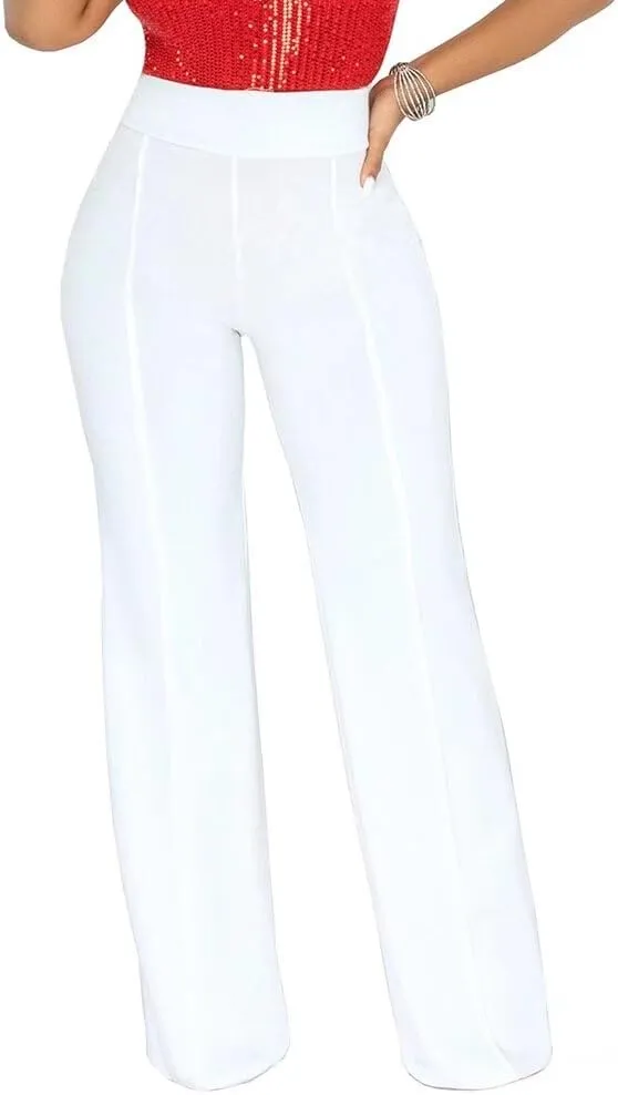 Women Stretchy Straight Leg Dress Pants Comfy Solid Classic High Waisted Wide Leg Long Bootcut Pant Slacks Work Office
