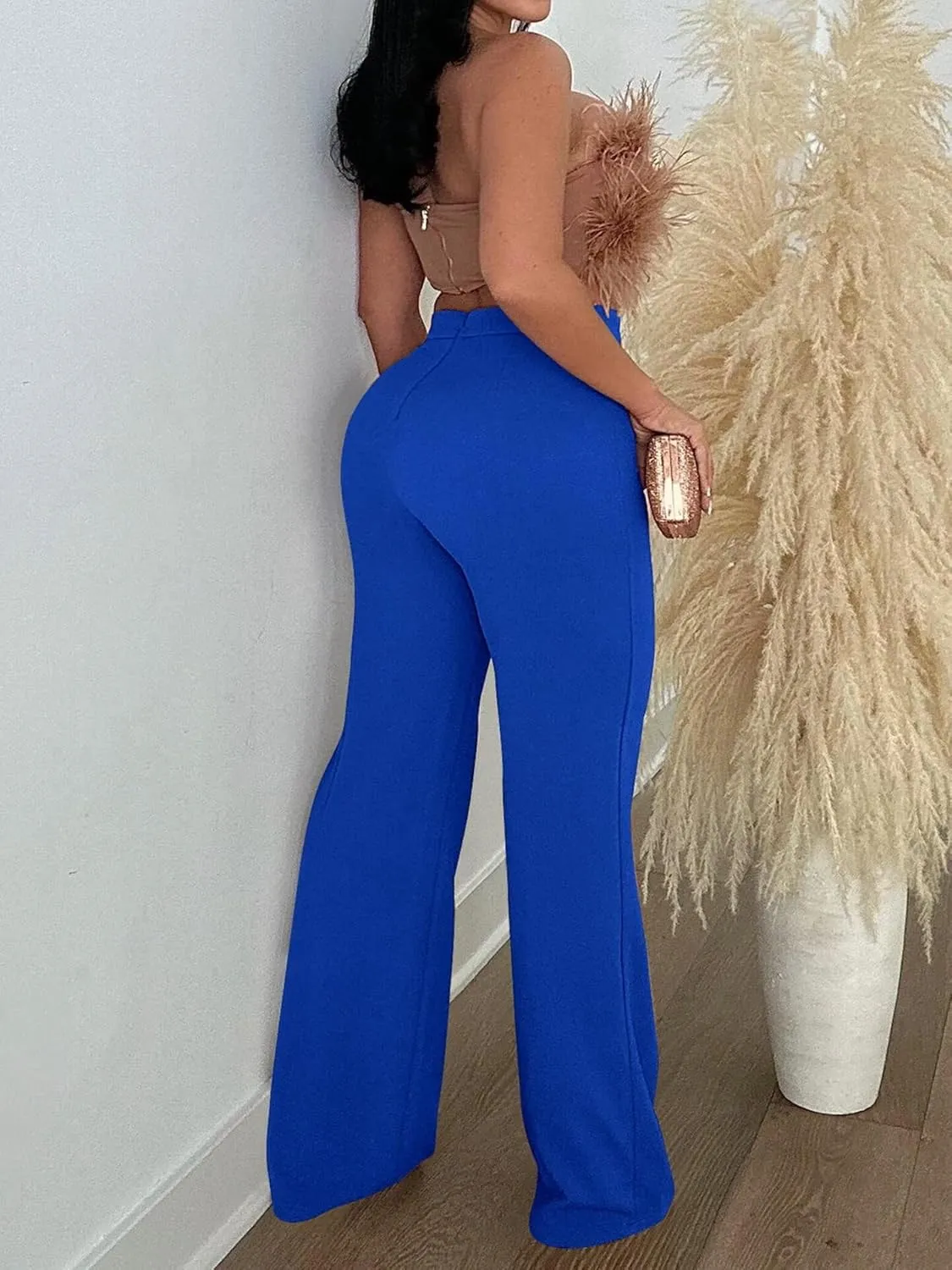 Women Stretchy Straight Leg Dress Pants Comfy Solid Classic High Waisted Wide Leg Long Bootcut Pant Slacks Work Office