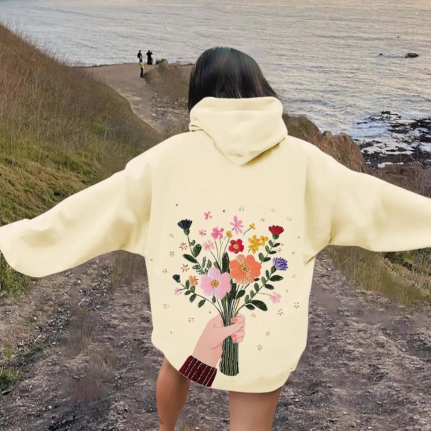 Women Sweatshirts Graphic Hoodies Oversized Pullover Flower Casual Long Sleeve Hooded Drawstring Sweatshirt