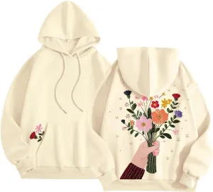 Women Sweatshirts Graphic Hoodies Oversized Pullover Flower Casual Long Sleeve Hooded Drawstring Sweatshirt