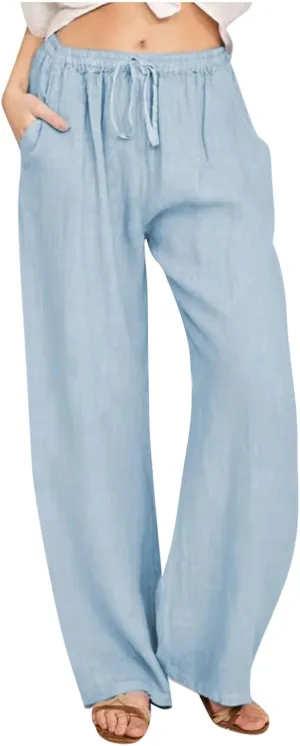 Women Trendy Linen Pants 2024 Wide Leg Causal Pants Flowy Palazzo Pants Boho Summer Vacation Outfits with Pockets