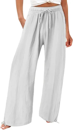 Women Wide Leg Palazzo Pants Summer Drawstring High Waist Flowy Casual Trousers Lounge Loose Beach Outfits Clothes