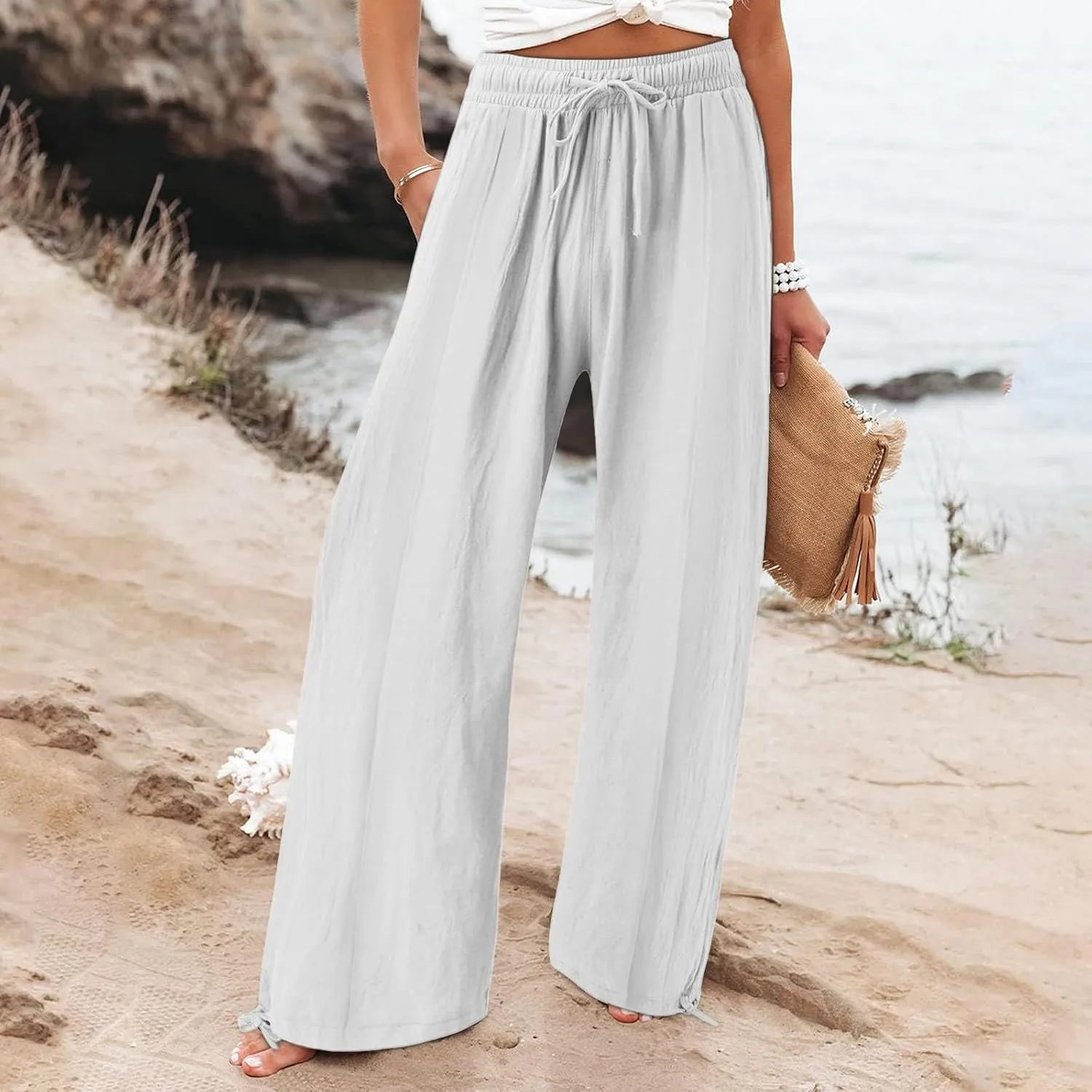 Women Wide Leg Palazzo Pants Summer Drawstring High Waist Flowy Casual Trousers Lounge Loose Beach Outfits Clothes