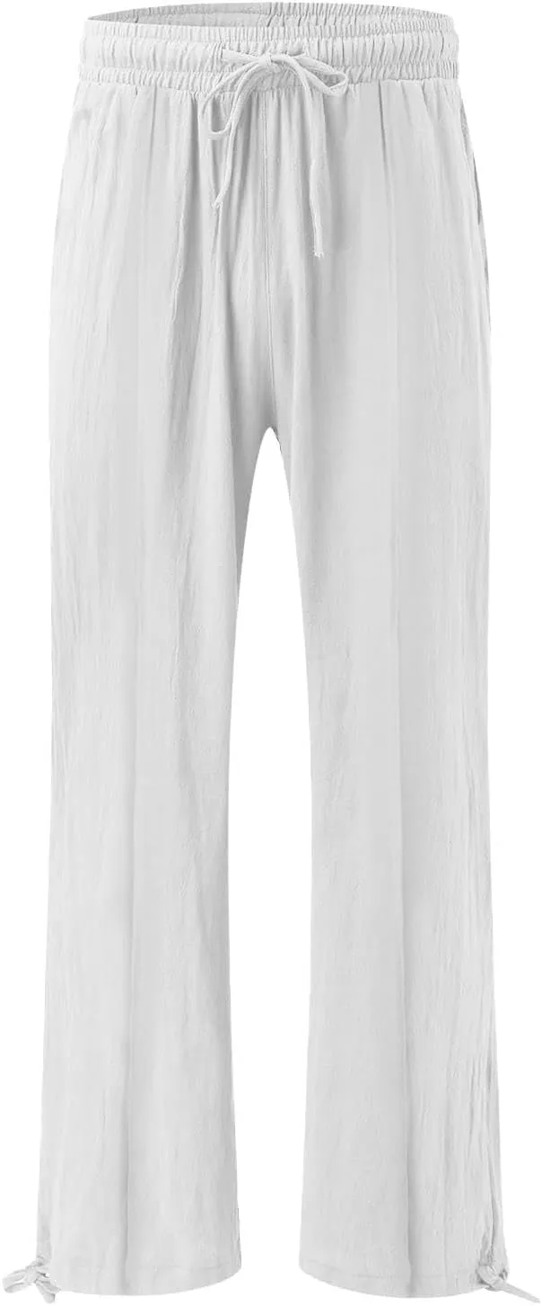 Women Wide Leg Palazzo Pants Summer Drawstring High Waist Flowy Casual Trousers Lounge Loose Beach Outfits Clothes