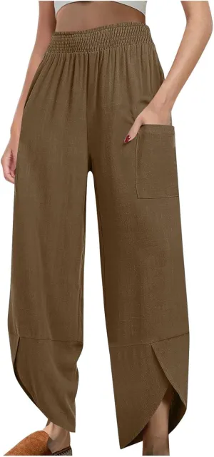 Womens Baggy Wide Leg Pants Linen Summer Casual Elastic Waisted Palazzo Pants Beach Loose Fit Trousers with Pockets