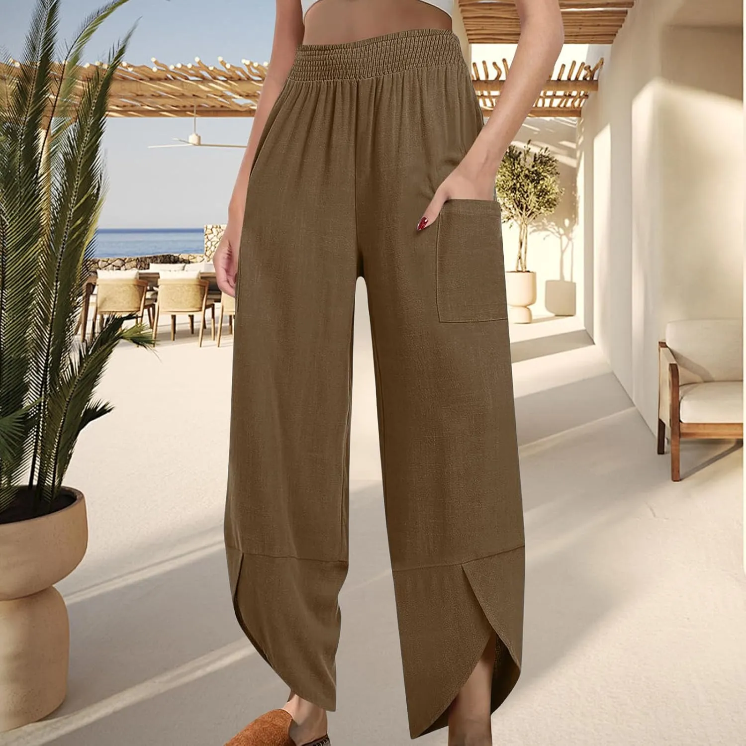 Womens Baggy Wide Leg Pants Linen Summer Casual Elastic Waisted Palazzo Pants Beach Loose Fit Trousers with Pockets