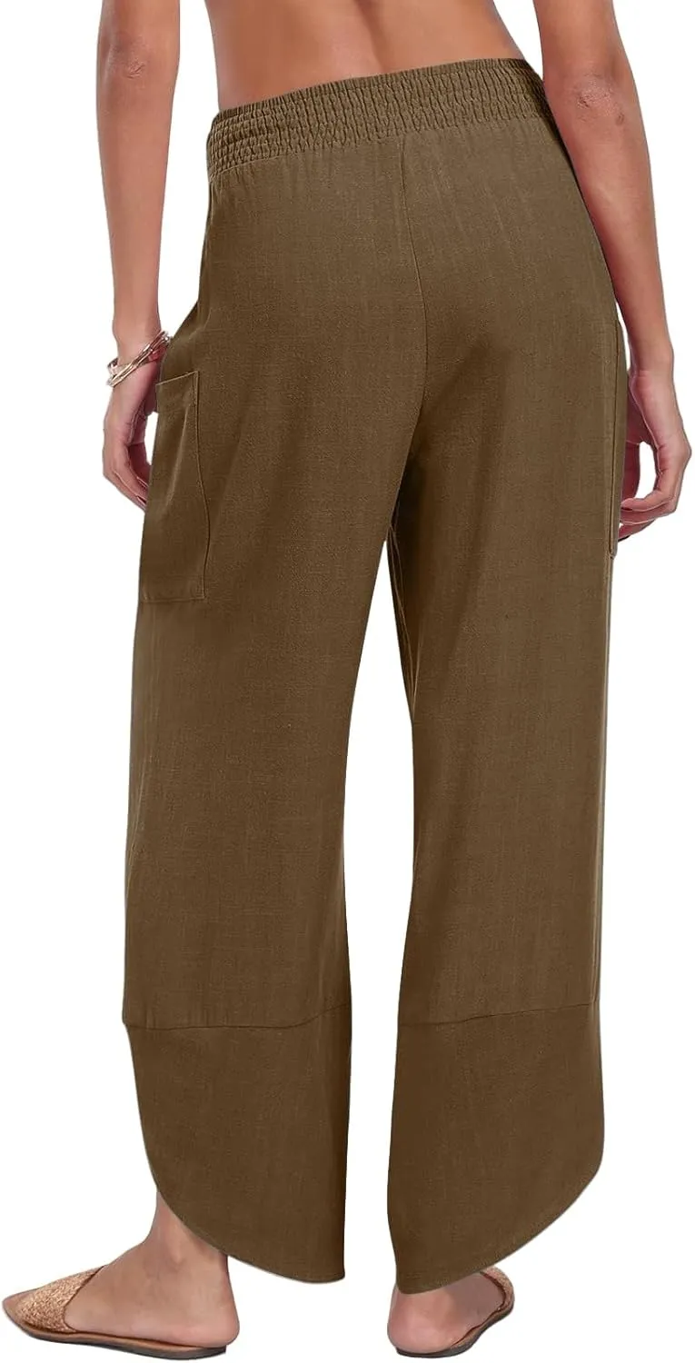 Womens Baggy Wide Leg Pants Linen Summer Casual Elastic Waisted Palazzo Pants Beach Loose Fit Trousers with Pockets