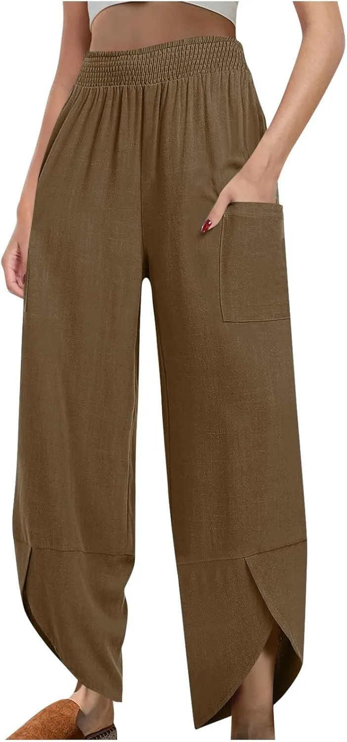 Womens Baggy Wide Leg Pants Linen Summer Casual Elastic Waisted Palazzo Pants Beach Loose Fit Trousers with Pockets