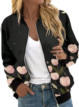 Women's Bomber Jacket 2024 Long Sleeve Classic Gradient Print Jacket Casual Daily Lightweight Short Outwear Tops