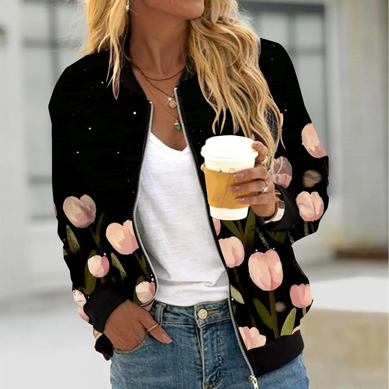 Women's Bomber Jacket 2024 Long Sleeve Classic Gradient Print Jacket Casual Daily Lightweight Short Outwear Tops