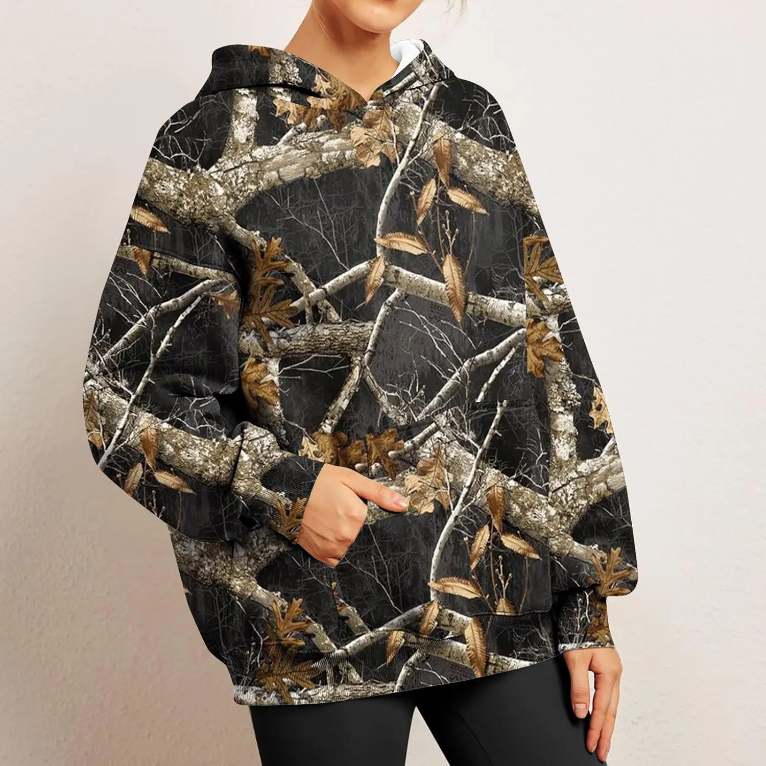 Womens Camo Hoodies Long Sleeve Pullover Fleece Oversized Sweaters Casual Sweatshirt for Teen Girls Tops with PocketW9