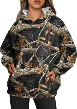 Womens Camo Hoodies Long Sleeve Pullover Fleece Oversized Sweaters Casual Sweatshirt for Teen Girls Tops with PocketW9