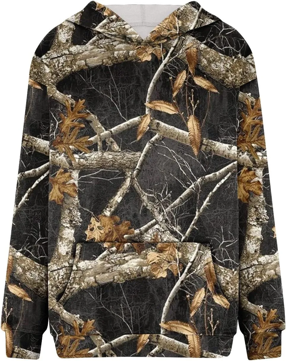 Womens Camo Hoodies Long Sleeve Pullover Fleece Oversized Sweaters Casual Sweatshirt for Teen Girls Tops with PocketW9