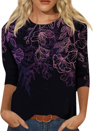 Women's Casual 3/4 Sleeve T-Shirts Round Neck Cute Tunic Tops Soft Y2k Streetwear Lightweight Painting Graphic Tees