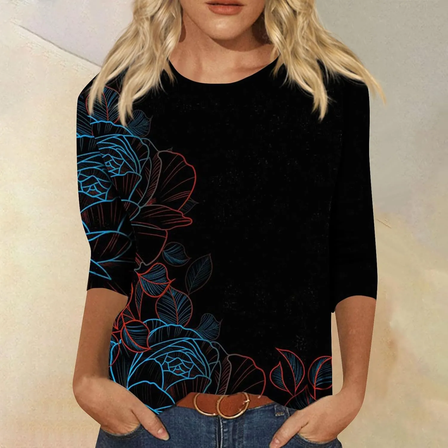 Women's Casual 3/4 Sleeve T-Shirts Round Neck Cute Tunic Tops Soft Y2k Streetwear Lightweight Painting Graphic Tees