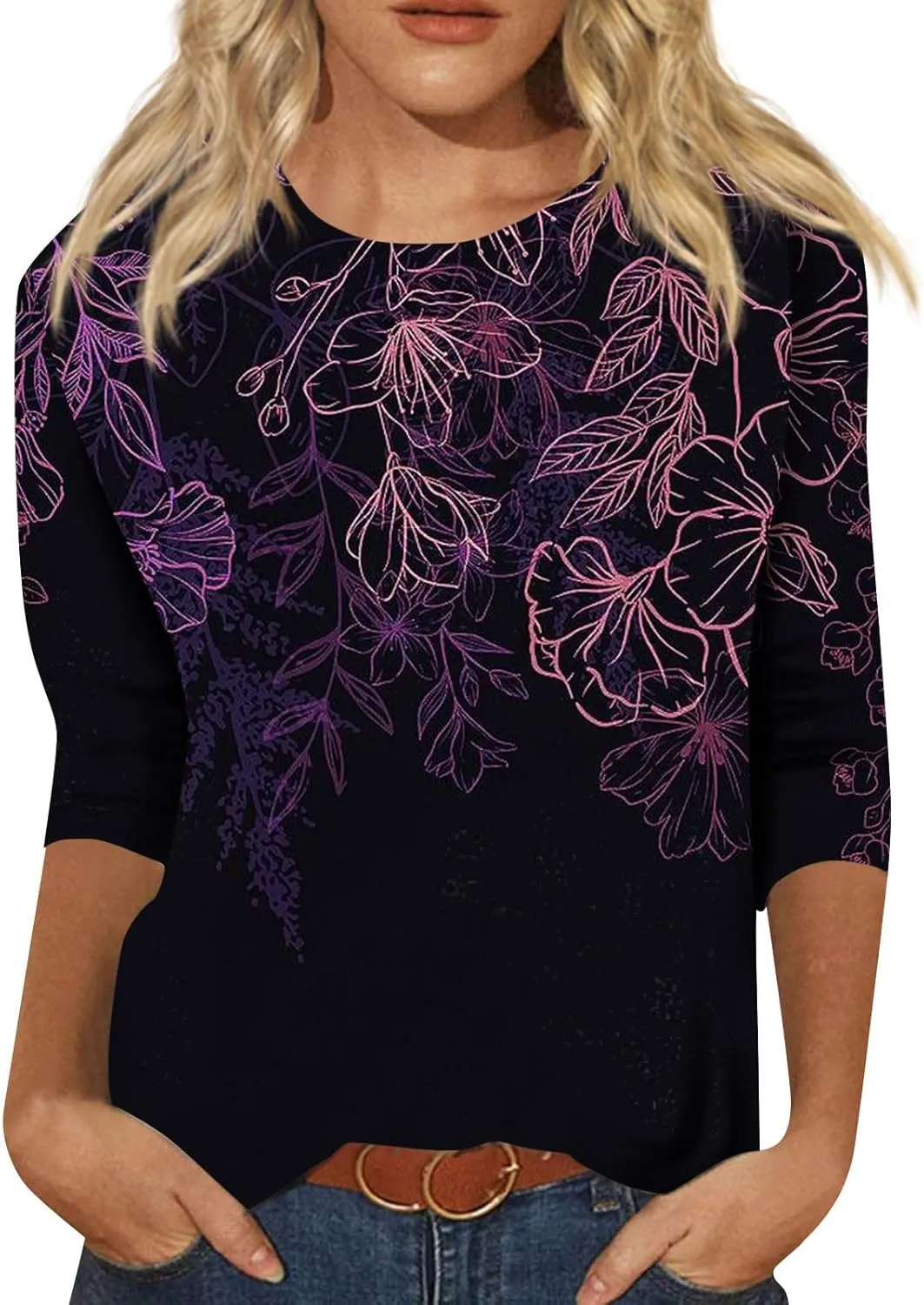 Women's Casual 3/4 Sleeve T-Shirts Round Neck Cute Tunic Tops Soft Y2k Streetwear Lightweight Painting Graphic Tees