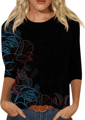 Women's Casual 3/4 Sleeve T-Shirts Round Neck Cute Tunic Tops Soft Y2k Streetwear Lightweight Painting Graphic Tees