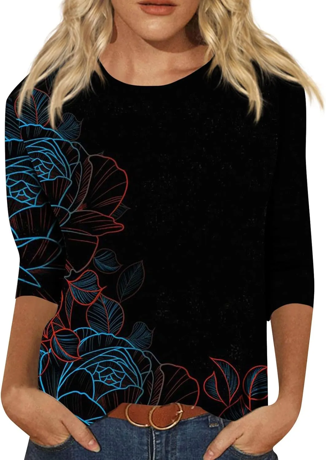 Women's Casual 3/4 Sleeve T-Shirts Round Neck Cute Tunic Tops Soft Y2k Streetwear Lightweight Painting Graphic Tees